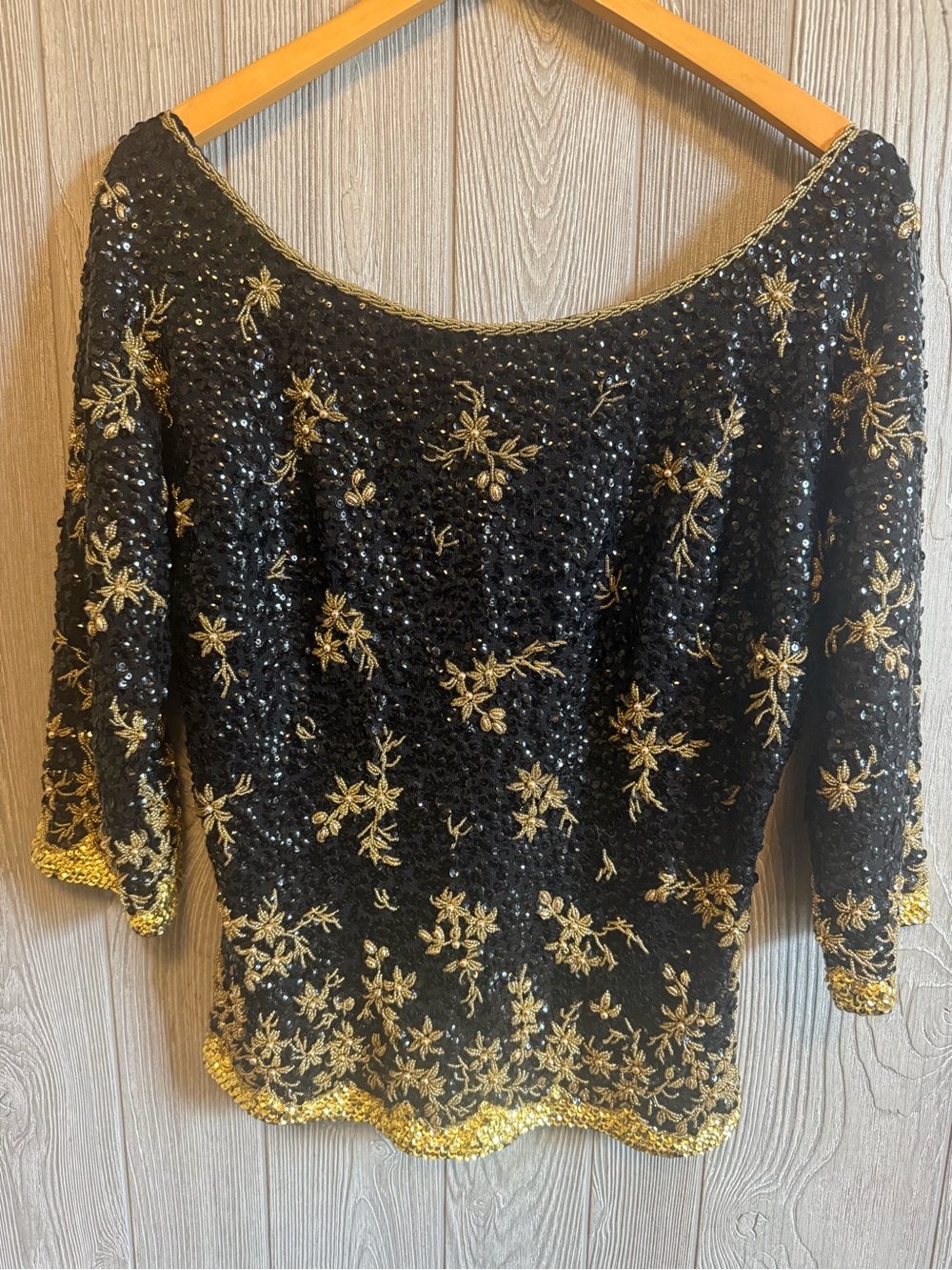 1960s 100% wool black and gold beaded and sequined blouse size M brand: Atkins